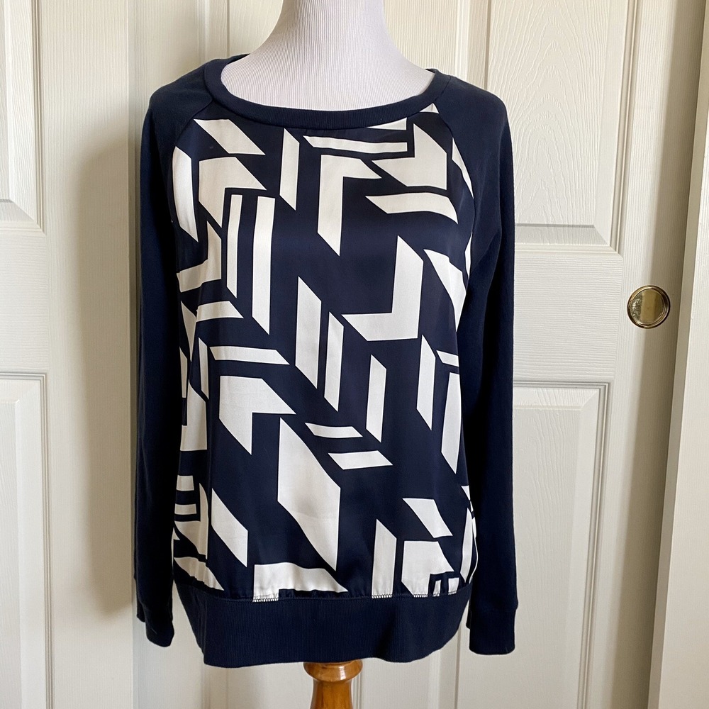 jcp Navy Blue Geometric Print Mixed Media Raglan Long Sleeve Pullover Top L